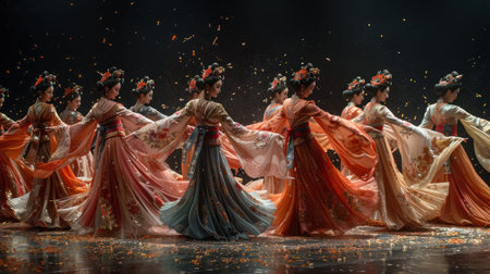 Photo of a chinese woman dancing in a vibrant red and yellow dress .generative ai.の素材