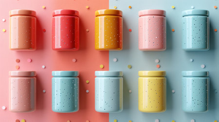 plastic jars of different pastel colors isolated on a colorful background.Generative AI.の素材