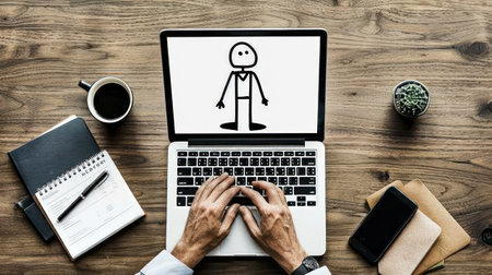 Top view mockup image of hands using and typing on laptop with blank white desktop screen on the table.Generative AI.の素材