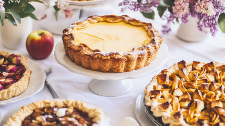 Cheesecake, apple pie and yeast cake in one photo, on a white tablecloth..の素材
