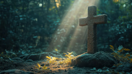Stone Crucifix Illuminated by the Rays of the Sun.の素材