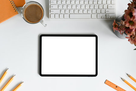Top view home office digital tablet hero header template..の写真素材