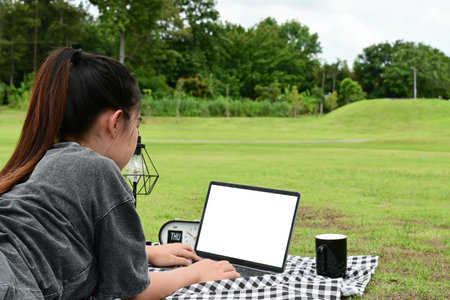 A woman is laying on a blanket in a park, using a laptop. The scene is peaceful and relaxing.の写真素材