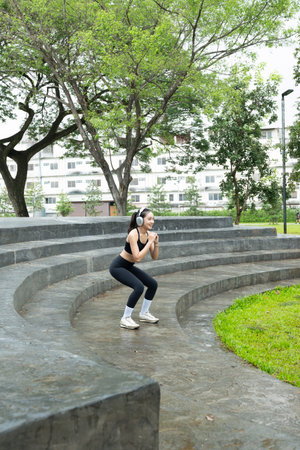 Young woman stretching legs and listening music with headphones in the park.