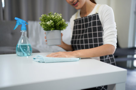 A woman is cleaning a table with a plant on it in living room. She is wearing an apron and smiling.