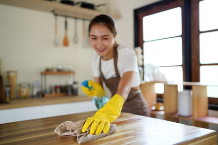 A woman is cleaning a kitchen counter with a spray bottle and a rag. She is wearing an apron and...