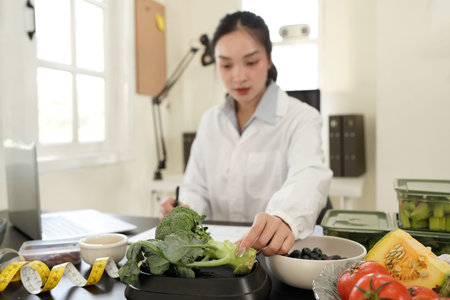 Nutritionist woman in lab coat analyzing vegetables in a modern food science lab. Healthy lifestyle,...