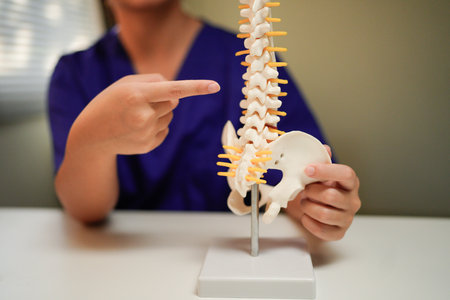 close up physical therapist chiropractor hand pointing on human skeleton at middle back to advise...