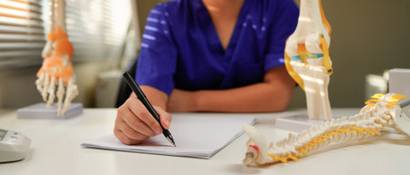 Doctor taking notes in office with spine model for diagnosis.の写真素材