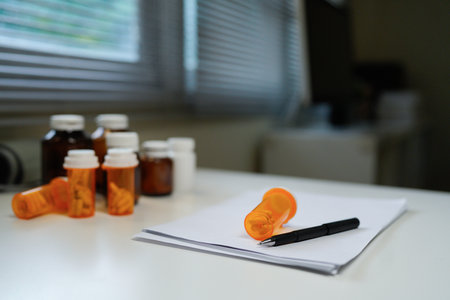 Blank Paper with Pen and A Bottle of medicine pills on Table at office room.の写真素材