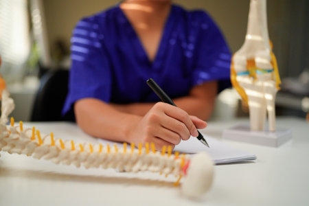 Doctor taking notes in office with spine model for diagnosis.の写真素材