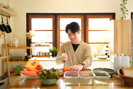 A man is cutting a carrot on a wooden cutting board..の写真素材