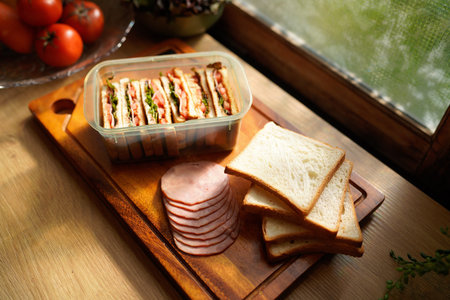 A tray of sandwiches and bread sits on a wooden cutting board Near a window with natural sunlight. The sandwiches are in a plastic container and the bread is sliced..の写真素材