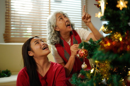 Joyful senior woman and her granddaughter enjoying on Christmas at home..の写真素材