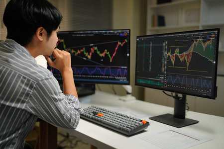 Busy business man trader broker analyst investor analyzing stock exchange trade crypto market using...