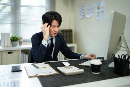 Burnout, headache and tired business man in anxiety, mental health problem and bankruptcy crisis. Sad, frustrated and stressed male with fatigue, depression and risk of debt.の写真素材