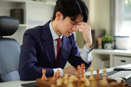 A man in a suit contemplates his next move in a chess game, showing concentration and strategic thinking..の写真素材