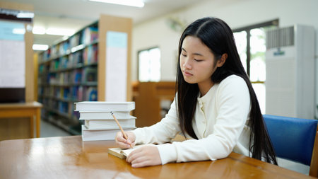 Asian young Student doing homework in library of university or college with various book and stationary over the book shelf background, Back to school.の写真素材