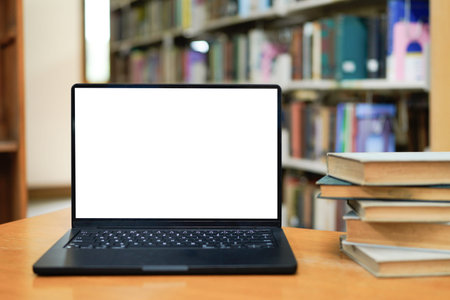 Laptop display surrounded by books in library learning and education concept.