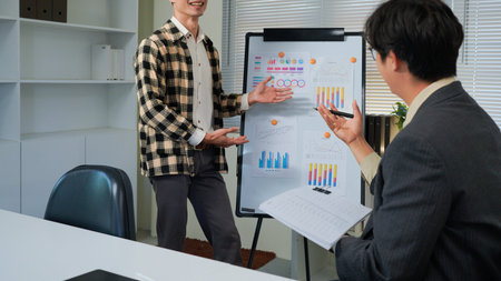 Business presentation with people characters. Man pointing at a flip chart with data analysis,...