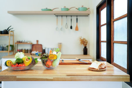 Food or cooking concepts with variety ingredient and fresh vegetable on kitchen counter island in morning.の写真素材