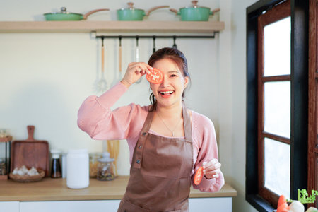 Portrait of asian woman, housewife smiling and holding tomato slices in white kitchen.の写真素材