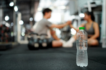 Asian woman and man sit in fitness gym with relax activity also look happiness after training and practice in fitness gym, focus water bottle on floor.の写真素材
