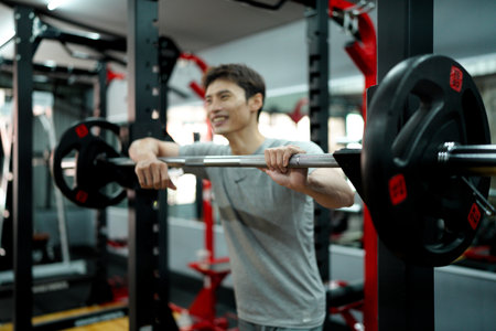 young man smiles while resting chin on crossed arms over barbell, expressing peace, relief, and joy after challenging strength training session in gym.の写真素材