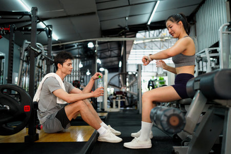 Asian woman and man sit in fitness gym with relax activity also look happiness after training and practice in fitness gym.の写真素材