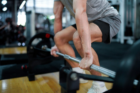 muscular body builder sport man is practice weight training on squat barbell for core muscle inside...