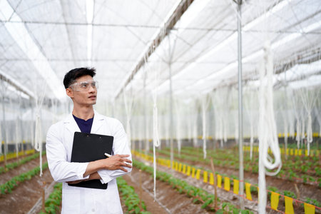 Agricultural Researcher Documenting Plant Growth Observations on a Clipboard in a Greenhouse..の写真素材