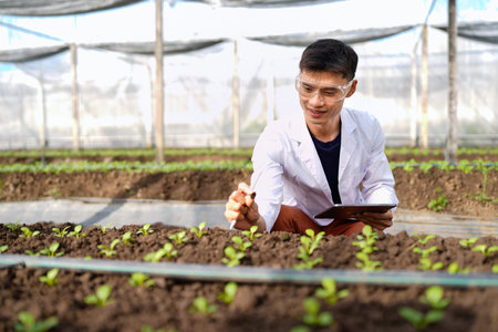 Agricultural developer man trying different apps on tablet computer for advanced inspection of...