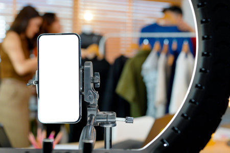 Close-up phone white screen front Young team blogger live streaming in her local fashion store,...