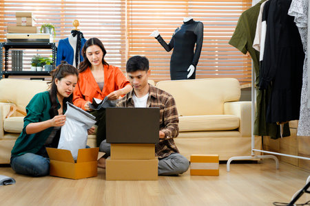 Business partnership, logistics, tailor clothing fashion fabric small business worker delivery...