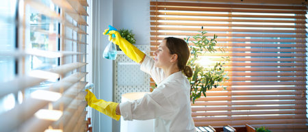 A woman cleans window blinds at home with a rag and gloves, focusing on dust removal, hygiene,...