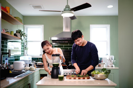 vegetables and couple in kitchen, cooking and home with healthy food for wellness and diet. Happy,...