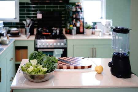 Fresh green vegetables on stainless bowl near cutting board with knife blurred background clean mint...