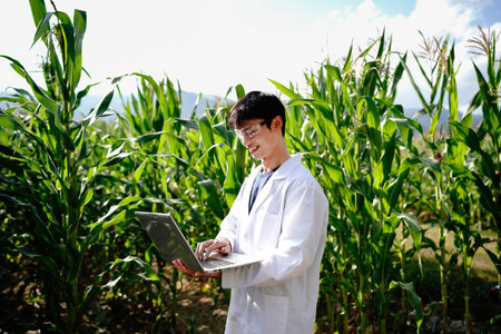 Agronomist standing in a corn field taking control of the yield and regard a plant with laptop.