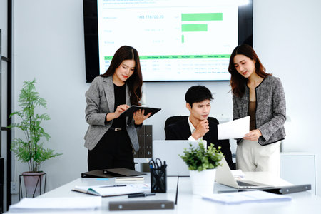 collaboration and business people in the office while working on a company project. Technology,...