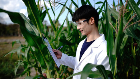 Agronomist in lab coat hold clipboard visit farm field work outdoor, Agronomist in a field...