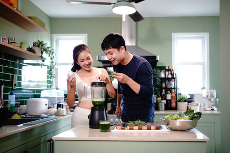 vegetables and couple in kitchen, cooking and home with healthy food for wellness and diet. Happy,...