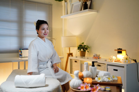 Woman in bathrobe sitting at beauty spa salon, Peace and luxury. Profile of calm young woman sitting...
