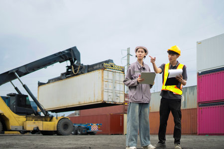 Two construction and Engineer worker under working with fork lift container truck is transportation container shipping dock yard logistics export import business concept.