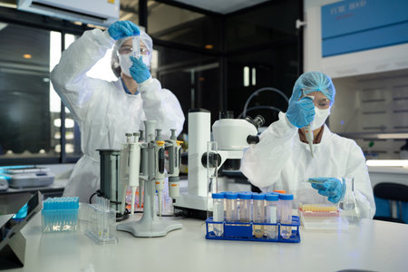 Two lab scientists in full PPE collaborate over a chemical flask and microscope in Modern Research Laboratory, science and healthcare content