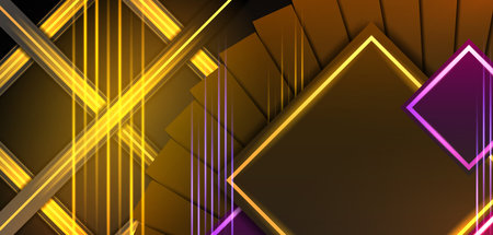 Black and yellow neon light stripes with orange glowing lights abstract geometric background. Vector designのイラスト素材