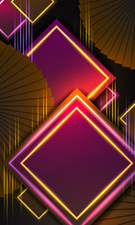 Black and yellow neon light stripes with orange glowing lights abstract geometric background. Vector designのイラスト素材