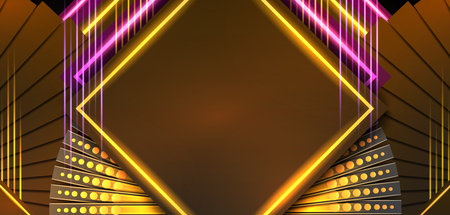 Black and yellow neon light stripes with orange glowing lights abstract geometric background. Vector designのイラスト素材