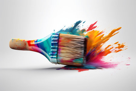 Paint brush with colorful paint splashes on a white background.の素材
