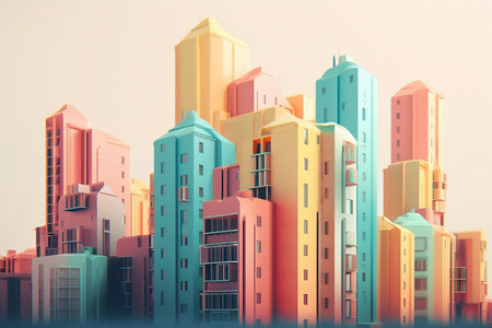 3d render of cityscape. Colorful buildings on white backgroundの素材