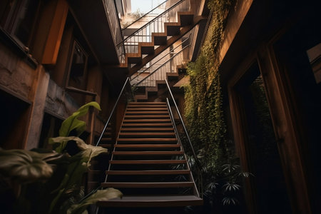 staircase and plants in the interior of a modern apartment buildingの素材